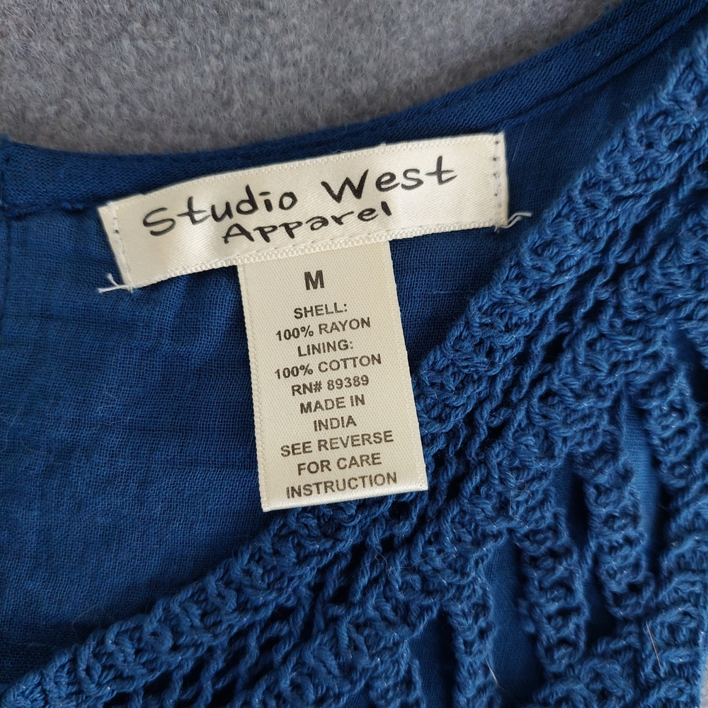 Studio West Blue Tie Dye Crochet Lace Rayon Boho Mini Dress M - Picture 3 of 8